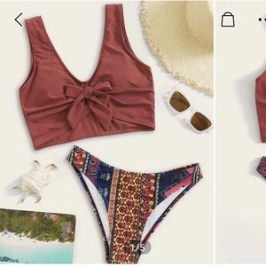 Tribal print tie front high cut bikini swimsuit